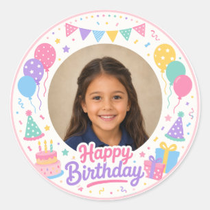 Sticker Rond Cadre photo d'anniversaire pastel