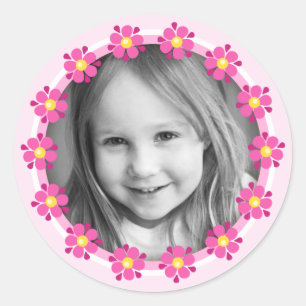 Sticker Rond Cadre photo de la bordure de fleur rose photo pers