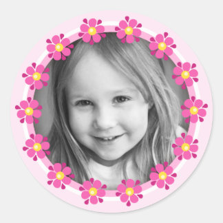 Sticker Rond Cadre photo de la bordure de fleur rose photo pers