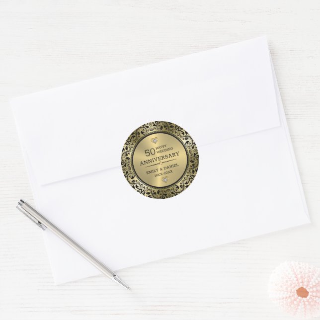 Sticker Rond Cadre tourbillonnant noir 50e anniversaire mariage (Enveloppe)