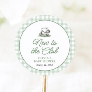 Sticker Rond Cadre Vert Sauge Golf Nouveau au Club Baby Shower