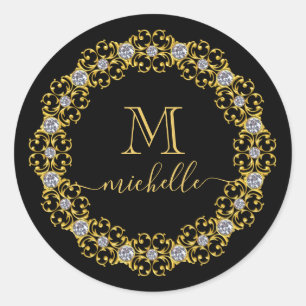 Sticker Rond Cadres de bijoux en or Monogramme Nom Bâton rond c