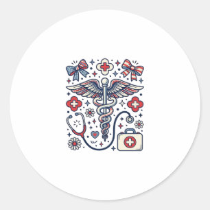 Sticker Rond Caducée Médical Vintage Nurse Patriotique Vecteur 