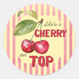 Sticker Rond Café Cerise Rétro Rouge Jaune Baby Shower