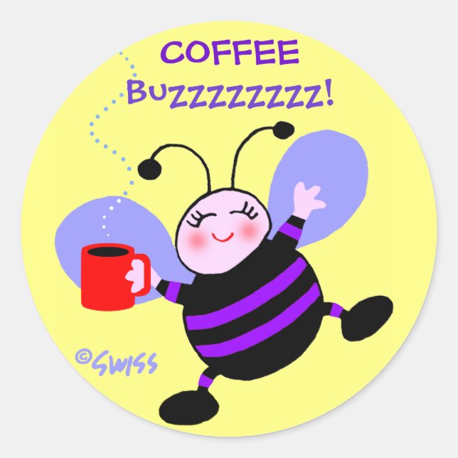 Sticker Rond Café Cute Caféine Buzz Busy Bee Purple Stripes (Devant)
