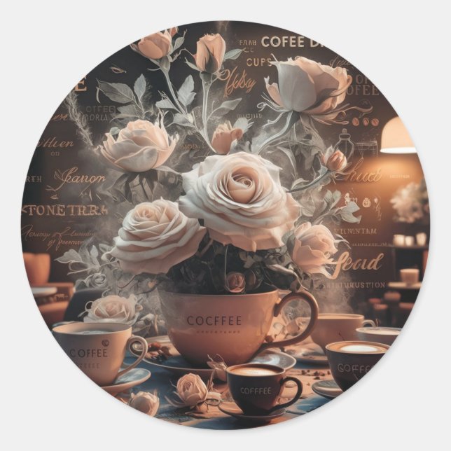 Sticker Rond Café et fleurs (Devant)