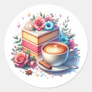 Sticker Rond Café et gâteau d'anniversaire