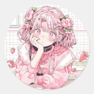 Sticker Rond Café rose Kawaii Anime Girl