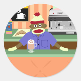 Sticker Rond Café Sock Monkey Barista