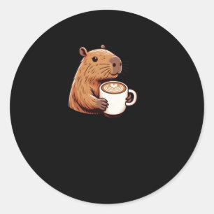 Sticker Rond Cafétéria Capybara Profitant D'Un Latte Avec Bâton