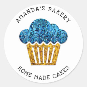 Sticker Rond Cakes Sweets Cupcake Accueil Vegan Bakery Gold Blu