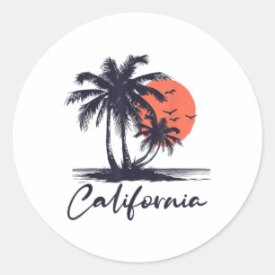 Sticker Rond Cali Summer Vacances Ca Palm Trees Usa Retro Calif