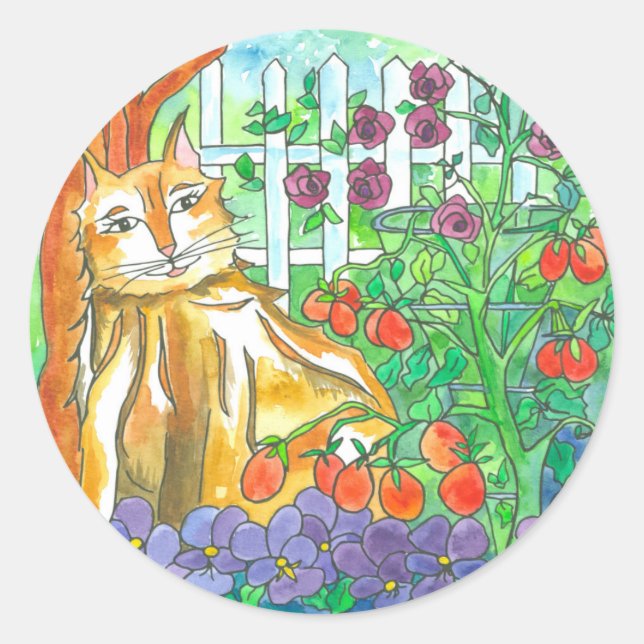 Sticker Rond Calico Cat Vegetable Garden Aquarelle Peinture (Devant)