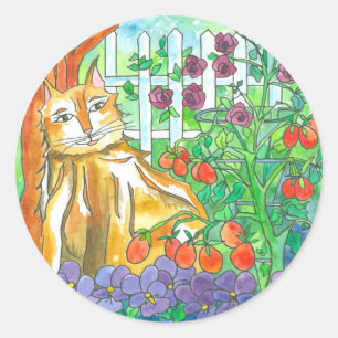 Sticker Rond Calico Cat Vegetable Garden Aquarelle Peinture