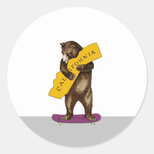 Sticker Rond California Bear Riding Skateboard