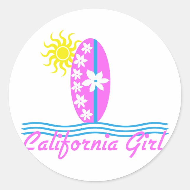 Sticker Rond California Girl Pink Surfboard W/Sun (Devant)