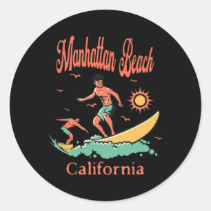 Sticker Rond California Manhattan Beach Ca Surfeur Surfant Pêch