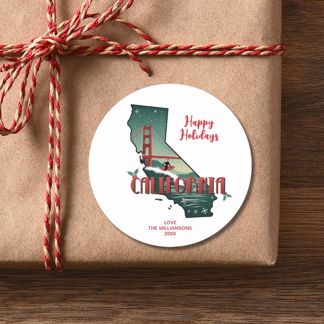 Sticker Rond California State Happy Holidays Custom Text Année (Personalize with your greeting, family name and year.  Matching items in the collection.)