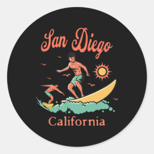 Sticker Rond Californie San Diego Ca Surfeur Surf Plage Vacance
