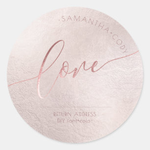Sticker Rond Calligraphie Aimer Blush Rose Faux Rose Gold Foil