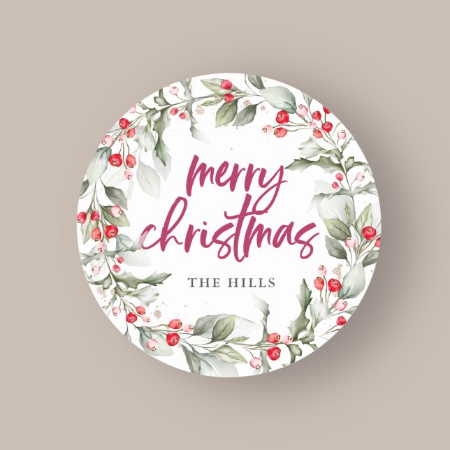 Sticker Rond Calligraphie de germe de baies Joyeux Noël (Créateur téléchargé)