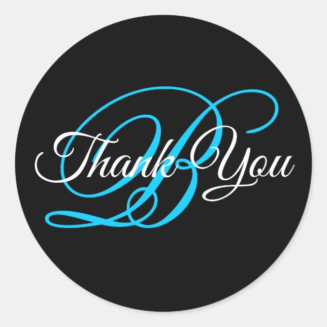 Sticker Rond Calligraphie fantaisie Aqua Blue Monogramme Merci (Devant)