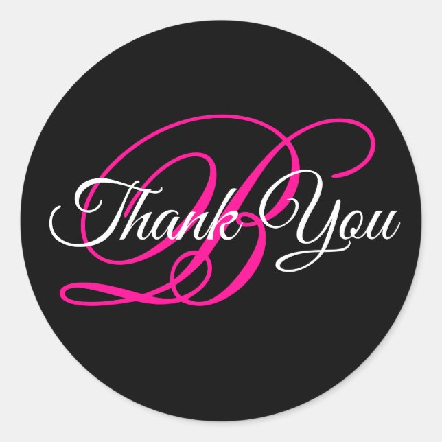Sticker Rond Calligraphie fantaisie rose chaud Monogramme Merci (Devant)