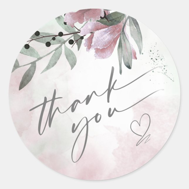 Sticker Rond Calligraphie Merci floral Mauve Coeur ID771 (Devant)
