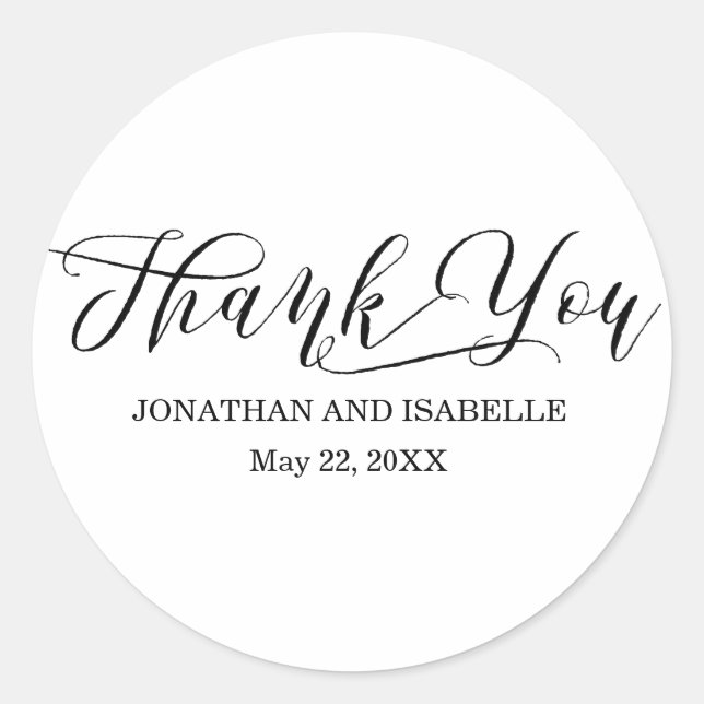 Sticker Rond Calligraphie moderne Merci Mariage noir et blanc (Devant)