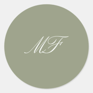 Sticker Rond Calligraphie Monogramme Sage Green Mariage blanc