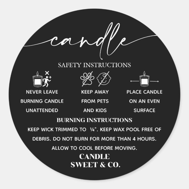 Sticker Rond calligraphie Script Avertissement Bougie noir et b (Devant)