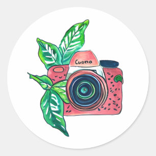 Sticker Rond Caméra rose Vintage sourire