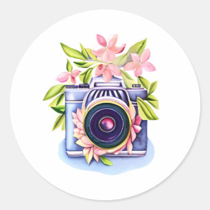 Sticker Rond Caméra vintage, Fleurs Roses, Foliage Vert