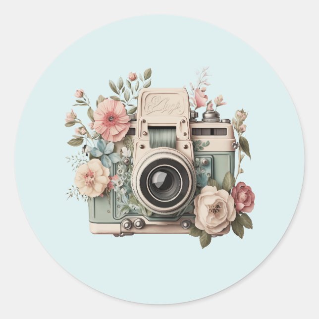 Sticker Rond Camera with Flowers Retro Pastel Image (Devant)