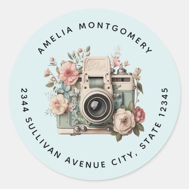 Sticker Rond Camera with Flowers Retro Pastel Image - Address (Devant)