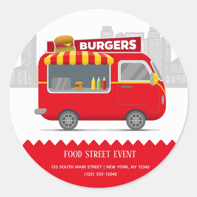 Sticker Rond Camion alimentaire hamburgers de rue hamburgers (Devant)