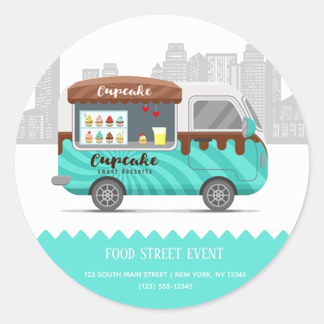 Sticker Rond Camion alimentaire rue cupcake desserts sucrés (Devant)