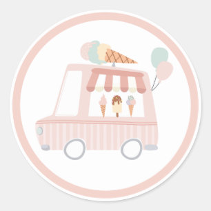 Sticker Rond Camion Crème de glace rose fête d'anniversaire Fav