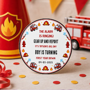 Sticker Rond Camion de pompier rouge et blanc Fête du 1er anniv