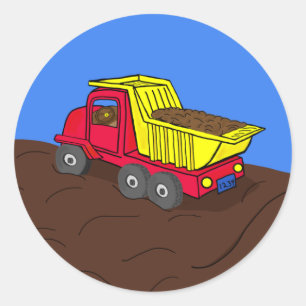 Sticker Rond Camion de vidange Rouge et Jaune dessin animé