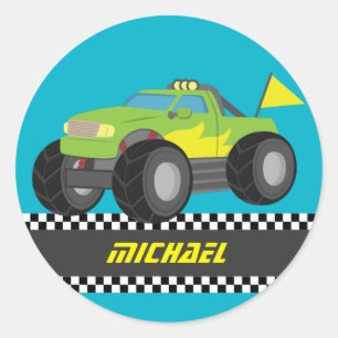 Sticker Rond Camion monstre vert de course Cool pour garçons co
