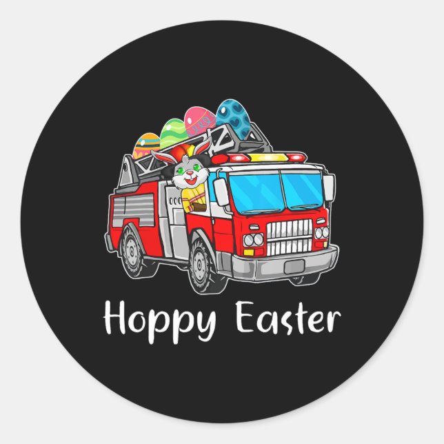 Sticker Rond Camion Pompier Jour de Pâques oeufs de lapin Joyeu (Devant)
