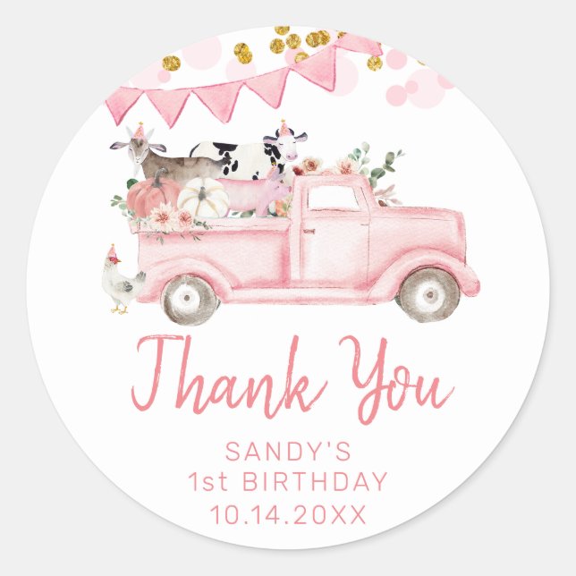 Sticker Rond Camion Rose Citrouille De Ferme En Merci (Devant)