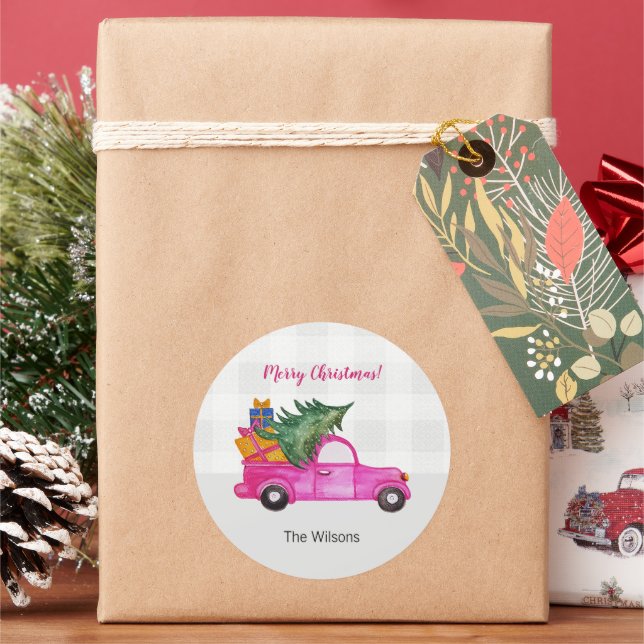 Sticker Rond Camion Rose De Noël Avec Arbre Et Souhaits (vacances)