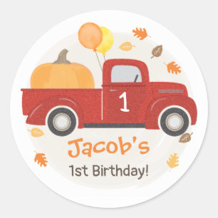 Sticker Rond Camion rouge Citrouille et Feuilles automne 1er an