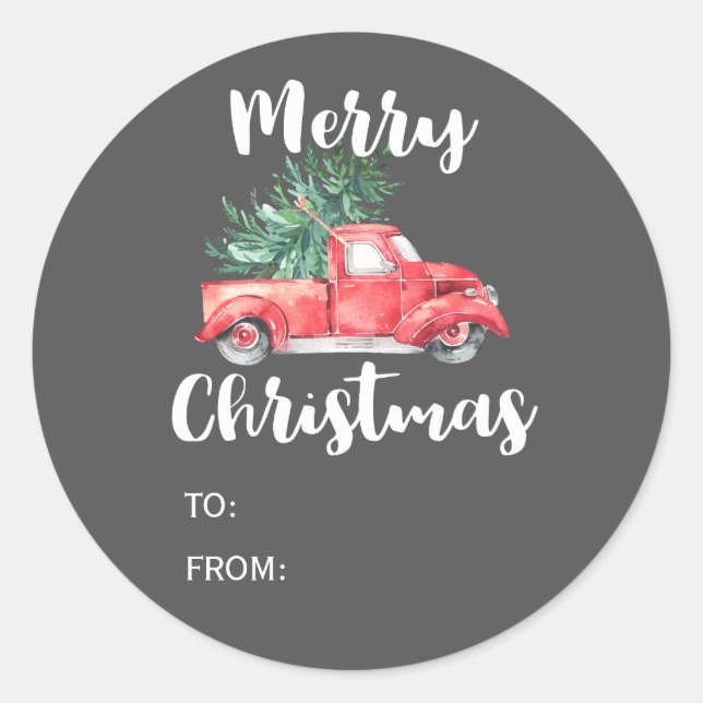 Sticker Rond Camion rouge et arbre | Nom cadeau de Noël gris (Devant)