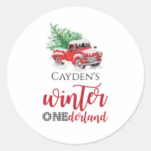 Sticker Rond Camion Rouge Hiver Onederland Premier anniversaire