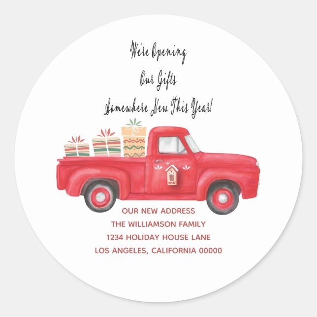 Sticker Rond Camion rouge Nous avons déménagé Accueil Vacances  (Devant)