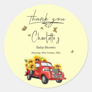 Sticker Rond Camion Rouge vintage Avec Baby shower Tournesols