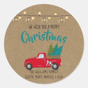 Sticker Rond Camion rouge Vintage avec les arbres de Noël sur K